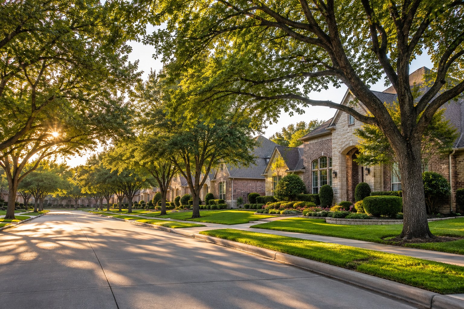 A tree lined North Texas suburban street