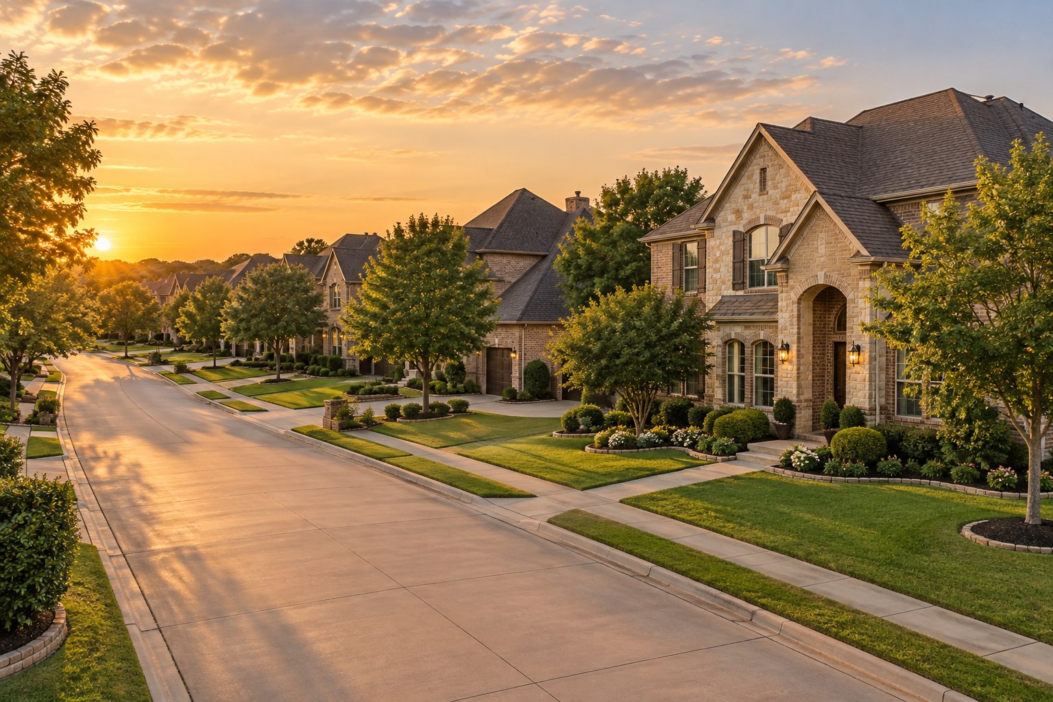 An upscale North Texas neighborhood street at golden hour