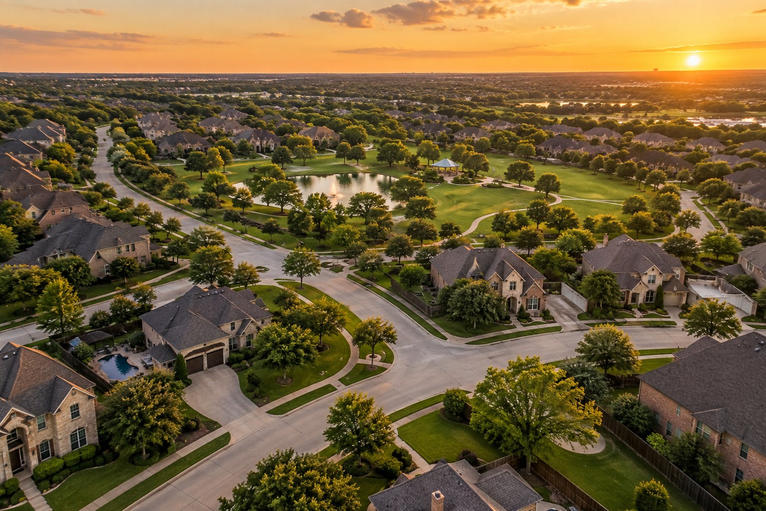 A North Texas master planned neighborhood at golden hour